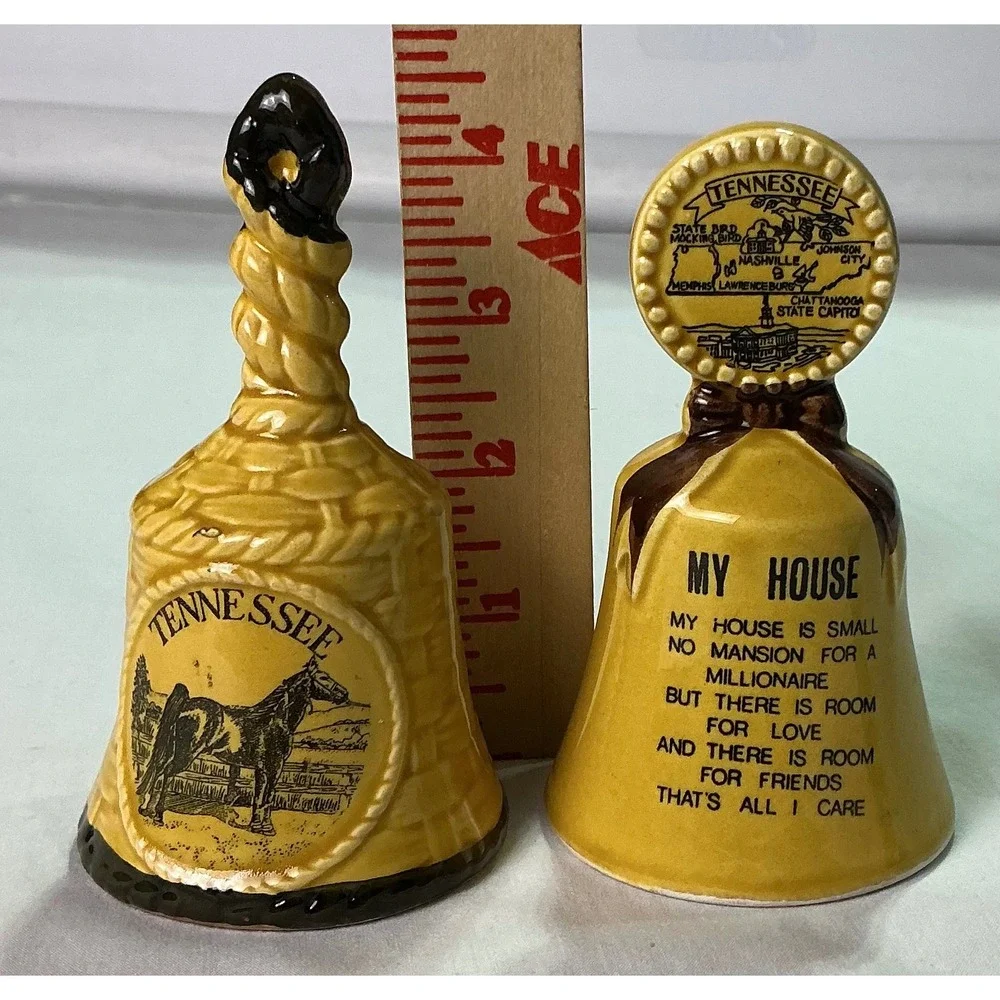 Vintage Tennessee Souvenir Bell Set Ceramic Bells My House Poem Horse MotifDecor
